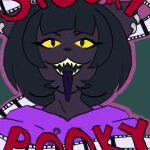Bust of a black void cat with bright yellow eyes facing to the viewers left. They’re smiling with bright sharp teeth and wearing a purple hoodie. Below them in bubble letters with film tape and ghostface mouth for the holes in the letters it says “Spooky”.